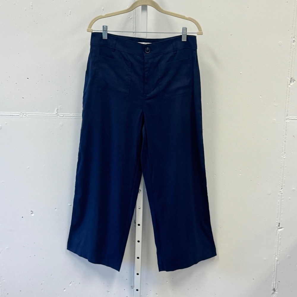 LOFT The Palmer Wide Leg Pants Navy Blue Linen Blend High Rise Cropped Size 8